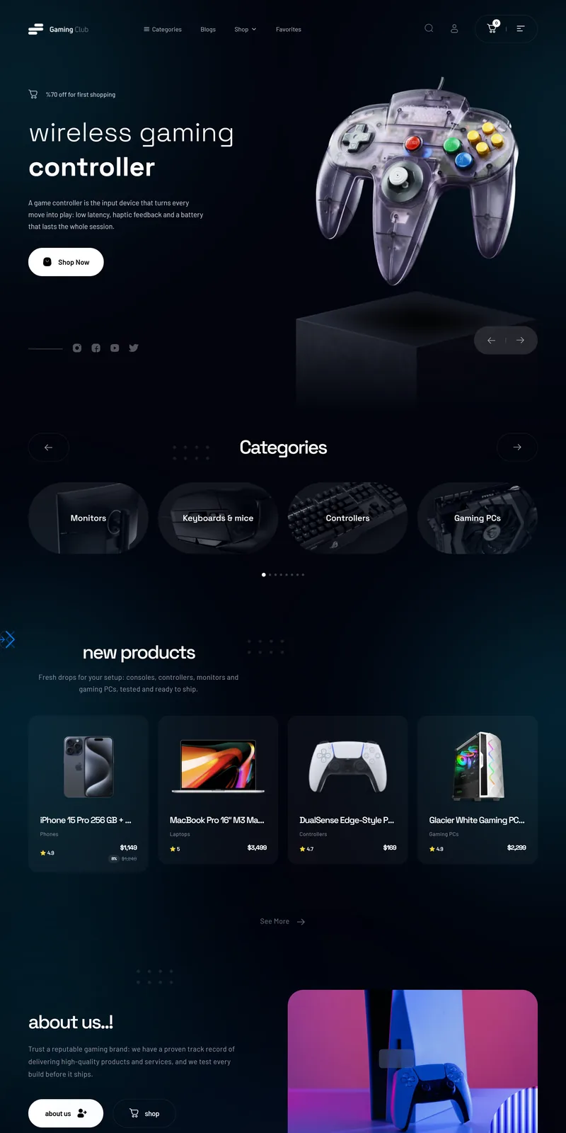Gaming Club demo home page