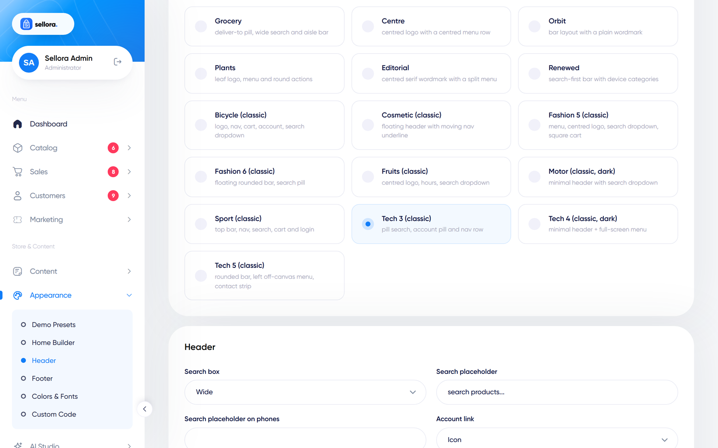Header settings