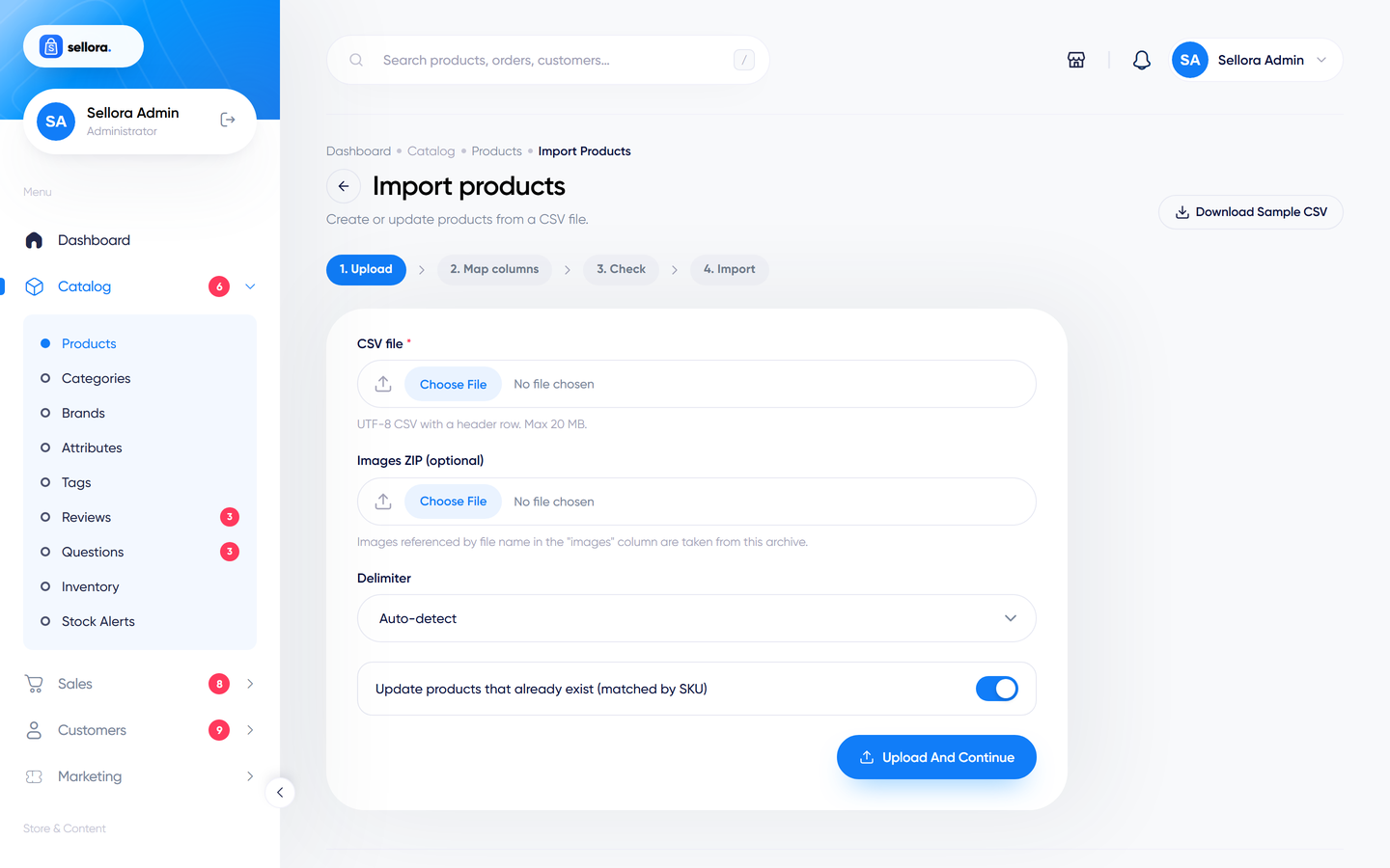 The import page
