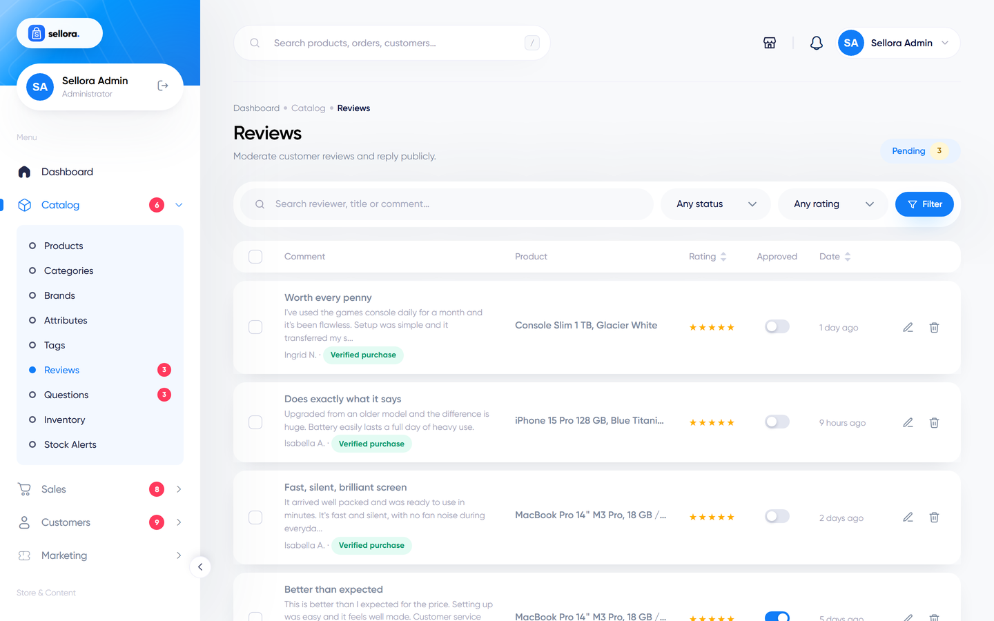 The reviews list