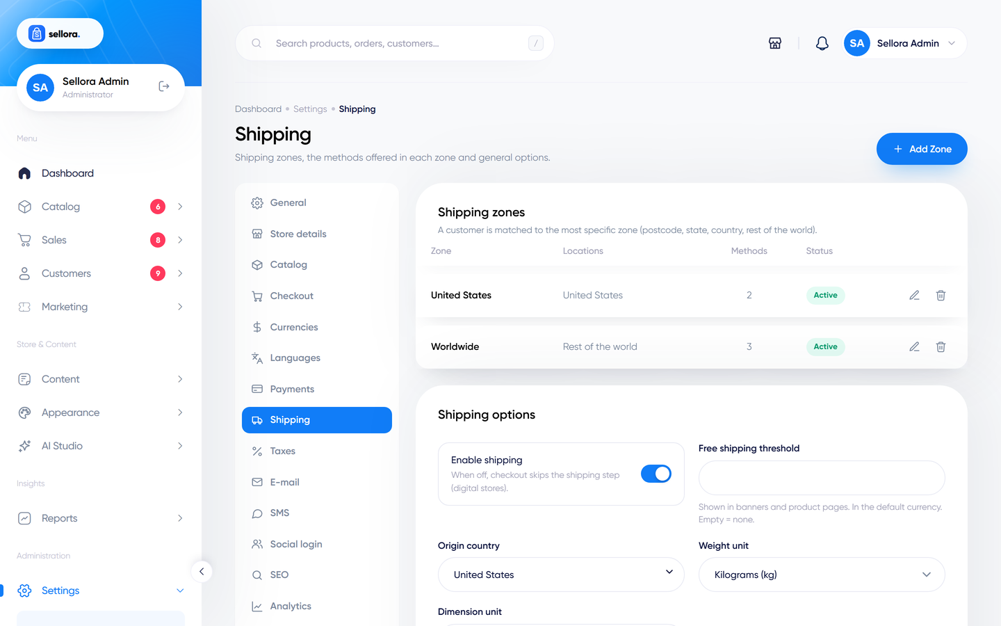 Shipping settings